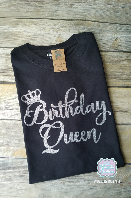 Camisa de reina de cumpleaños, camisa de purpurina plateada, camisa de corona de cumpleaños