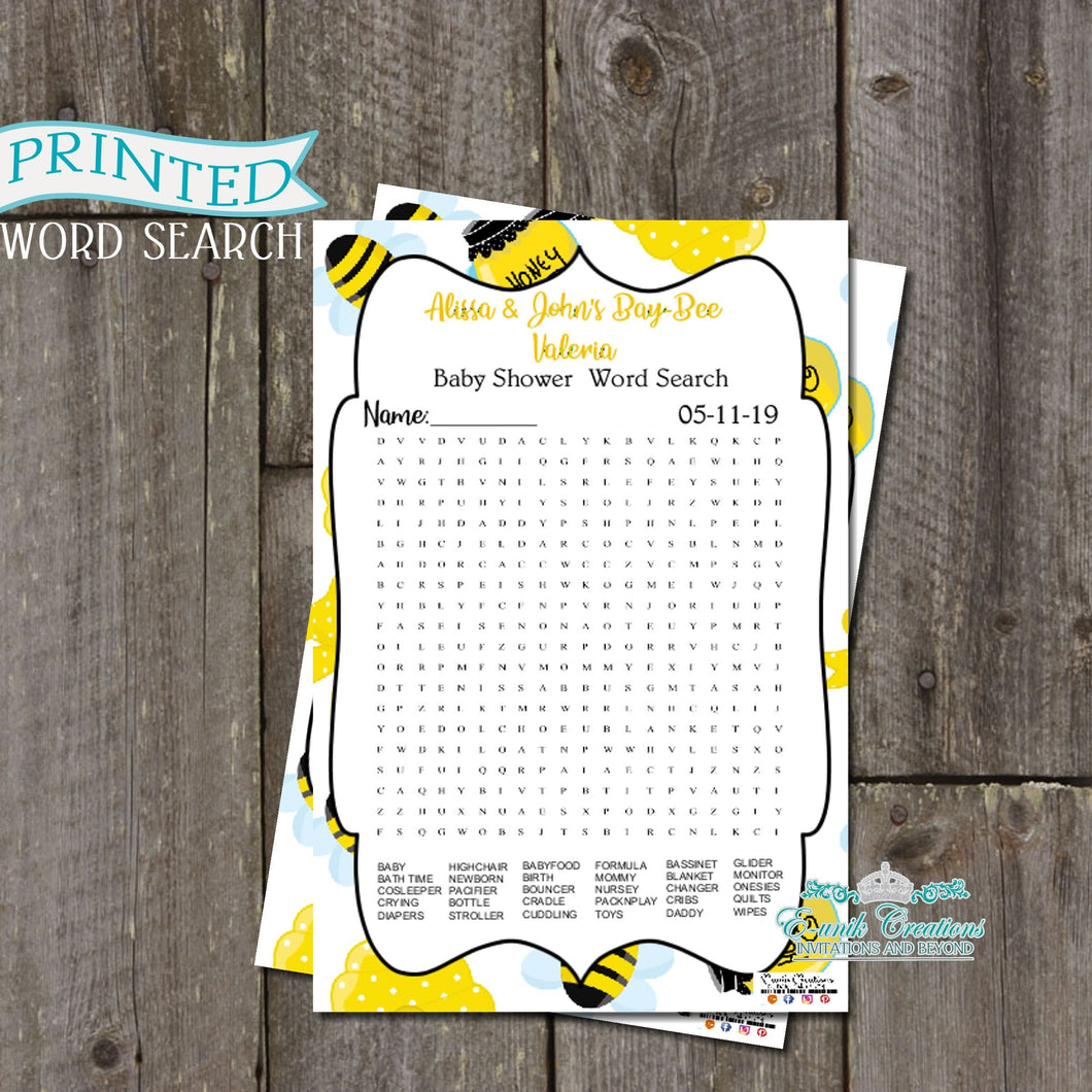 Bumblebee Games, Baby Bee Shower, Baby Word Search