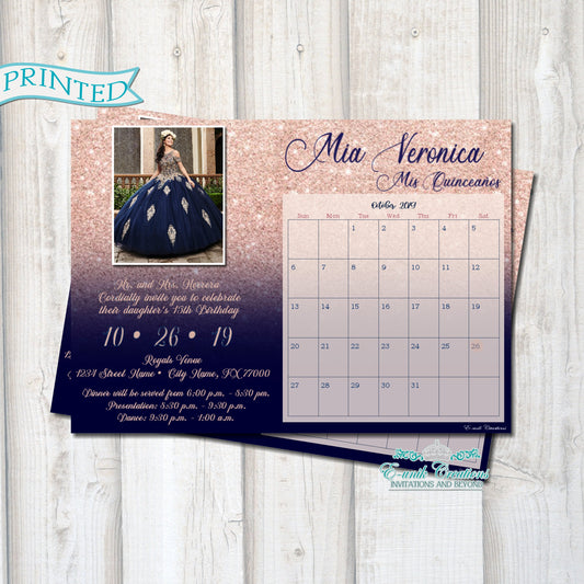 Rose Navy Blue Calendar Invitations