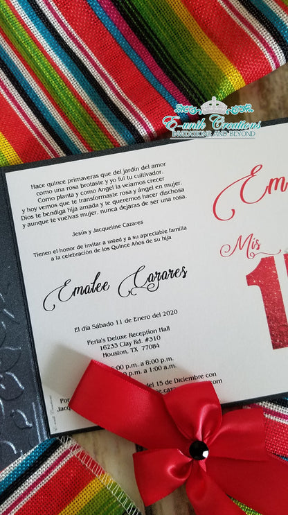 Black and Red Mexican Floral Quinceanera or Sweet 16 Invitations. 10pcs