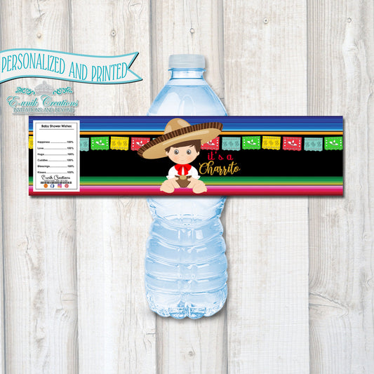 Etiqueta de agua Charrito, envoltorios de botellas impresos, fiesta charra con estampado de sarape. BC120519