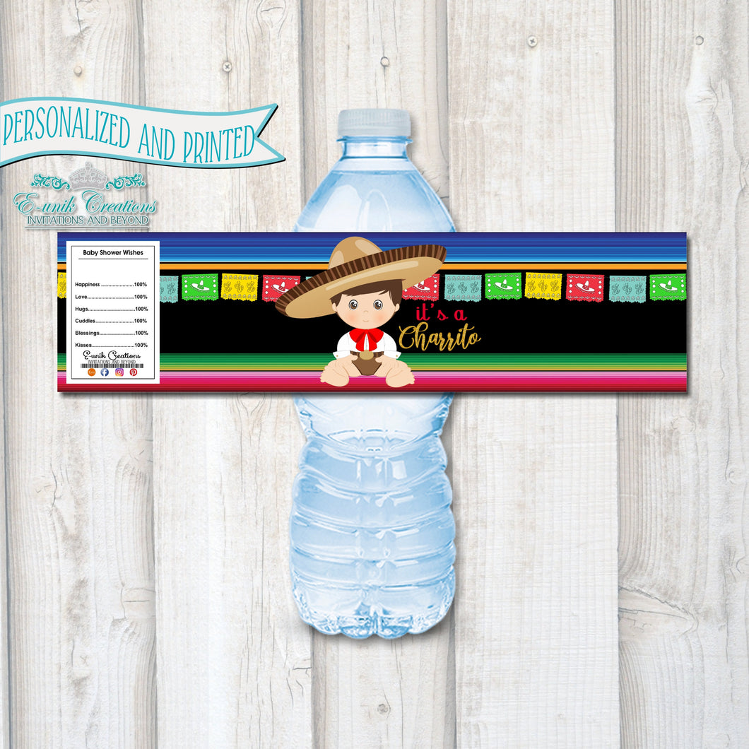 Charrito Water Label, Printed Bottle Wrappers, Serape Print Charro Party. BC120519