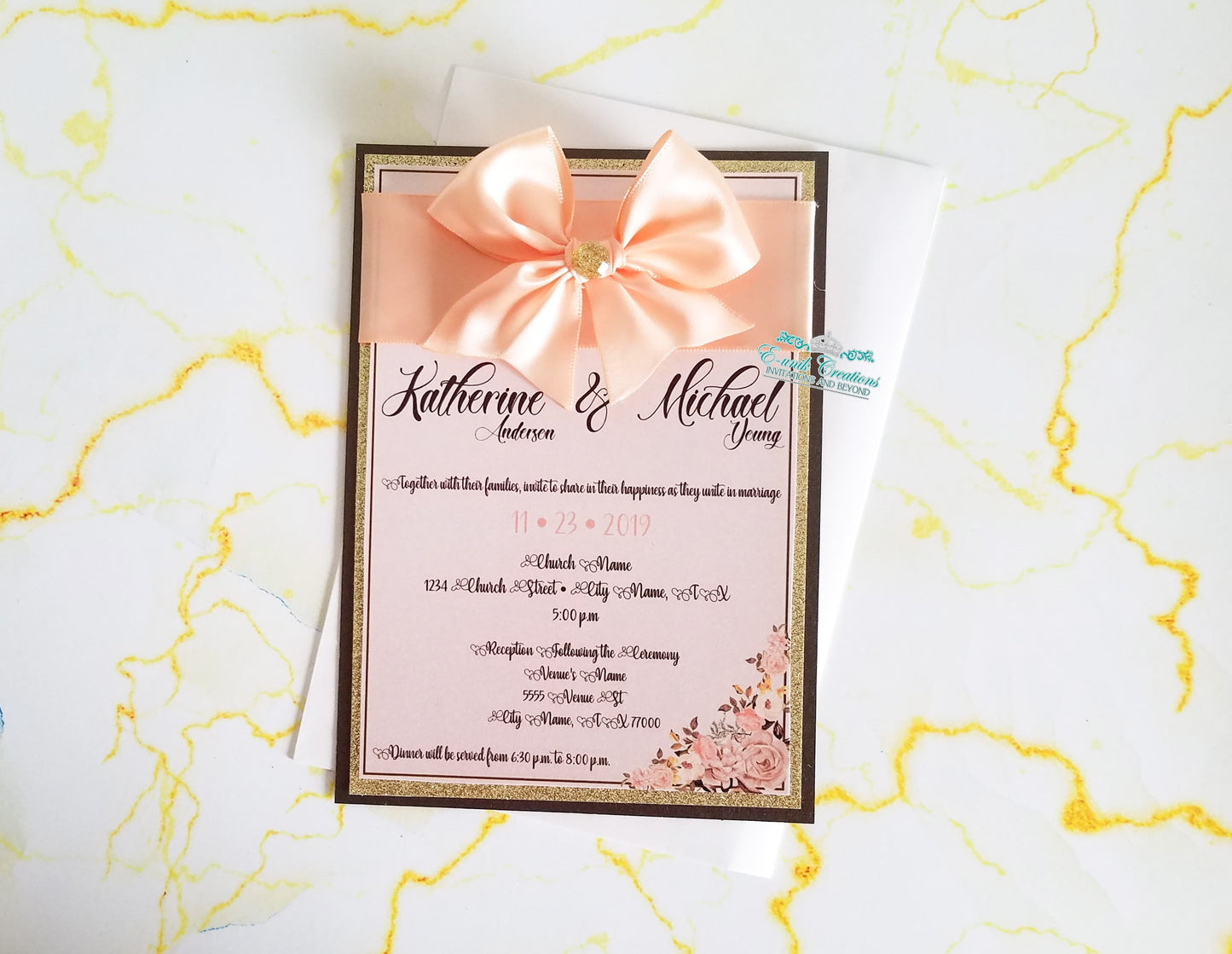 Peach Brown Bow Invitation