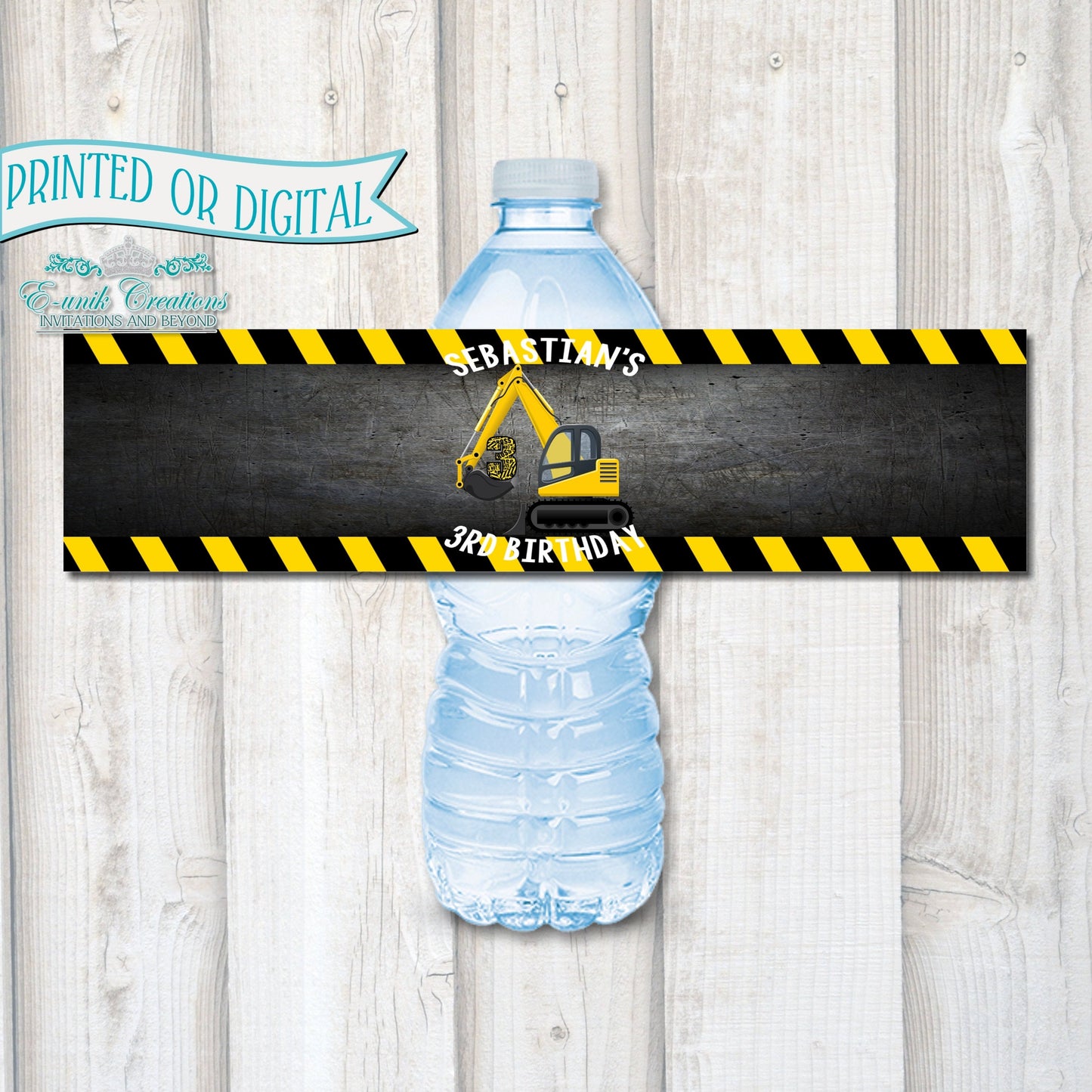 Etiquetas de construcción, fiesta de construcción, envoltorios de botellas de agua