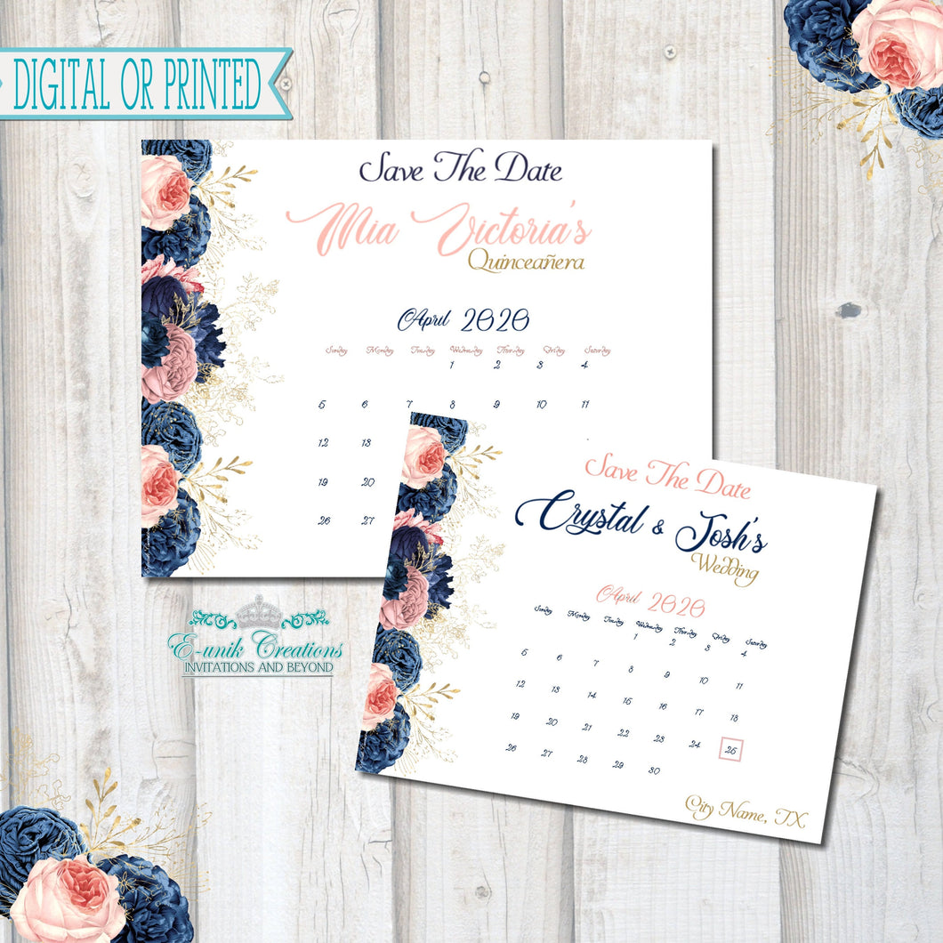 Navy Blue Blush Floral Save the Date. Q20200217