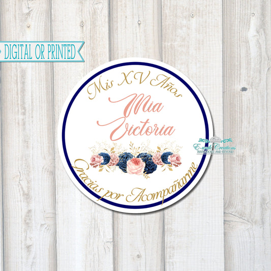 Navy Blue and  Blush Floral Stickers