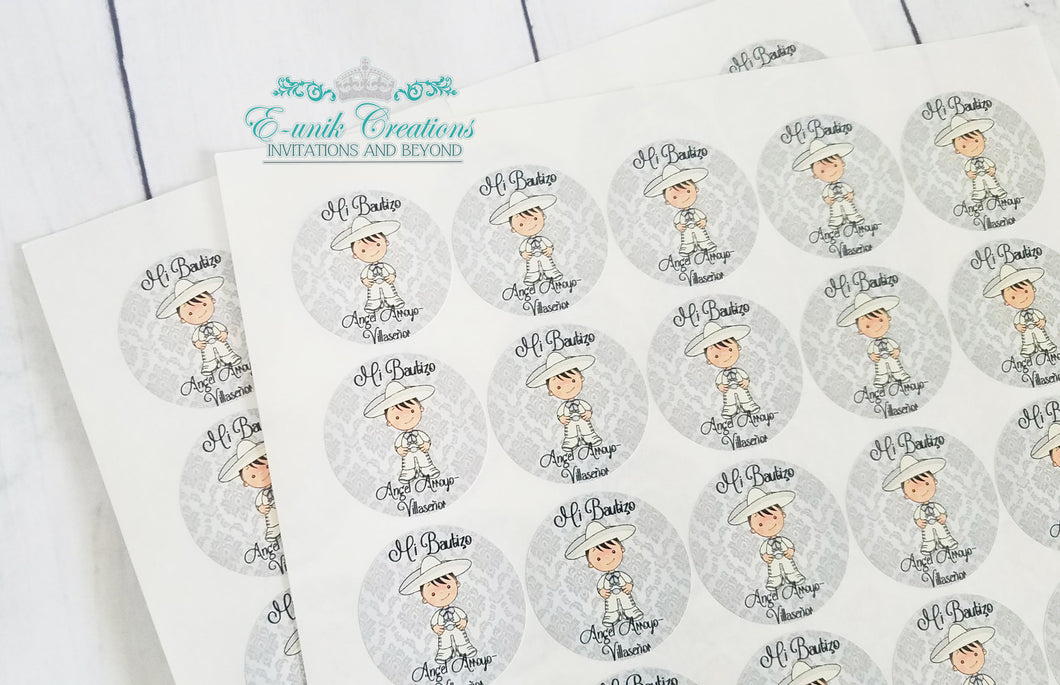 Silver Charro Sticker - Printed White Mariachi Sticker - Printed Round Labels - White Charro Baptism