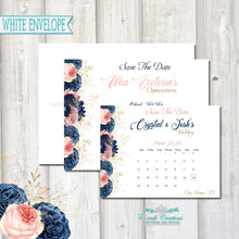 Load image into Gallery viewer, Navy Blue Blush Floral Save the Date. Q20200217
