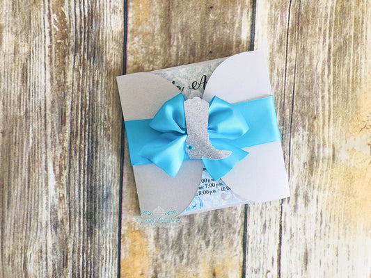 Turquoise and Silver Cowgirl Boot Quinceanera or Sweet 16 Invitations. 10pcs