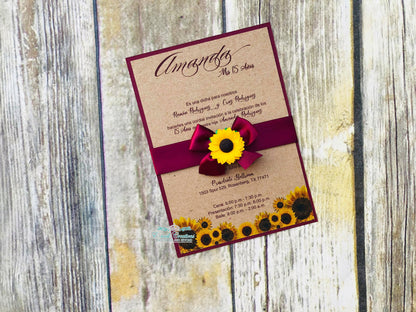 Western Burgundy Sunflower Quinceanera or Sweet 16 Invitations. 10pcs