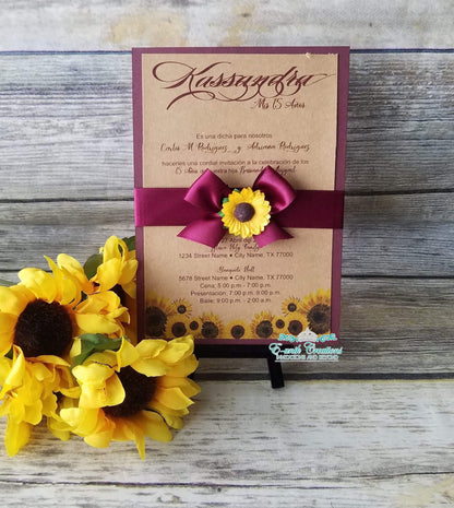 Western Burgundy Sunflower Quinceanera or Sweet 16 Invitations. 10pcs