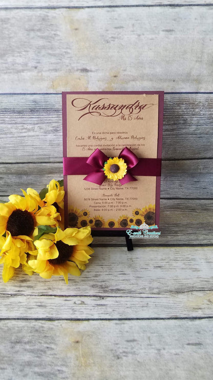 Western Burgundy Sunflower Quinceanera or Sweet 16 Invitations. 10pcs