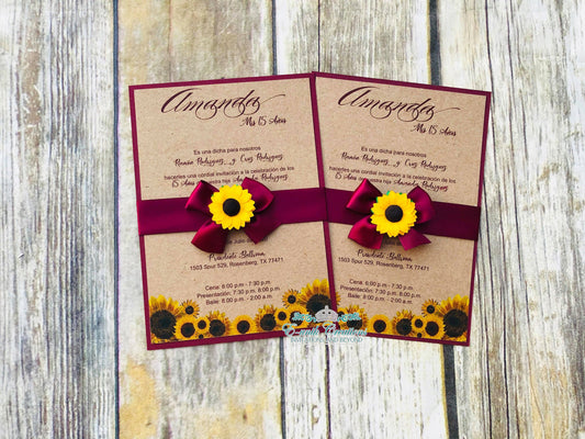 Western Burgundy Sunflower Quinceanera or Sweet 16 Invitations. 10pcs