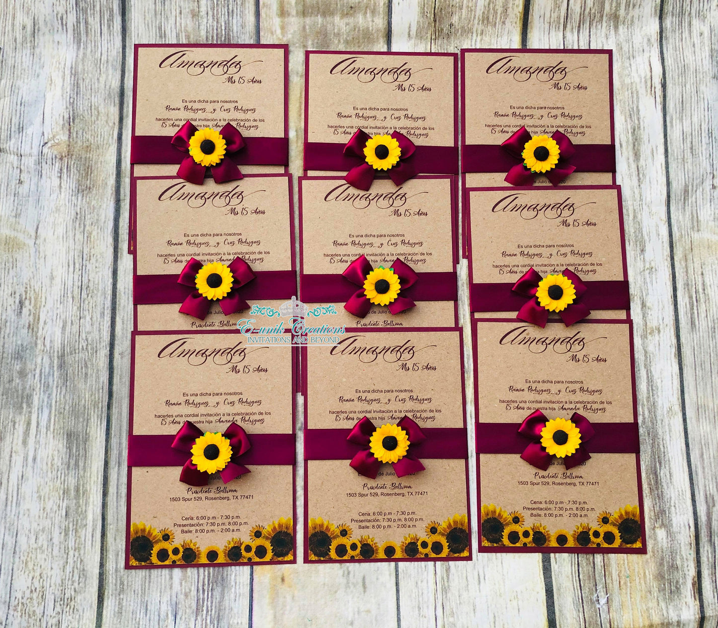 Western Burgundy Sunflower Quinceanera or Sweet 16 Invitations. 10pcs