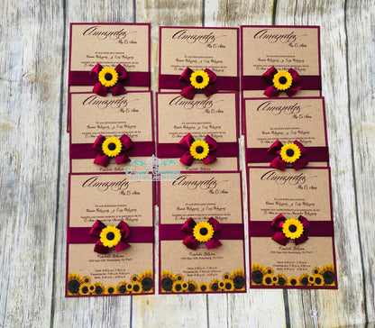 Western Burgundy Sunflower Quinceanera or Sweet 16 Invitations. 10pcs