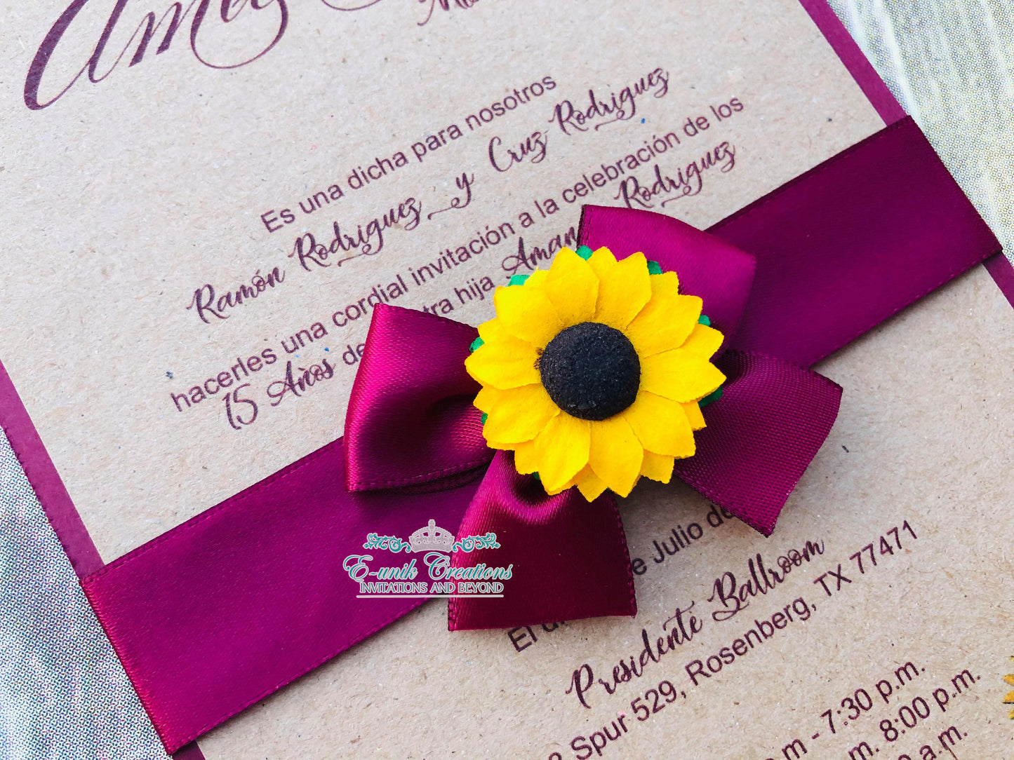 Western Burgundy Sunflower Quinceanera or Sweet 16 Invitations. 10pcs