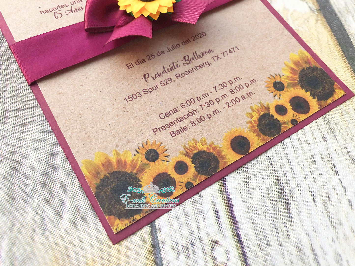 Western Burgundy Sunflower Quinceanera or Sweet 16 Invitations. 10pcs