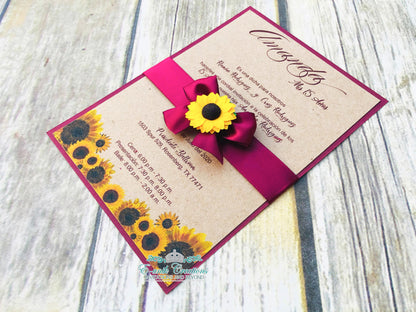 Western Burgundy Sunflower Quinceanera or Sweet 16 Invitations. 10pcs