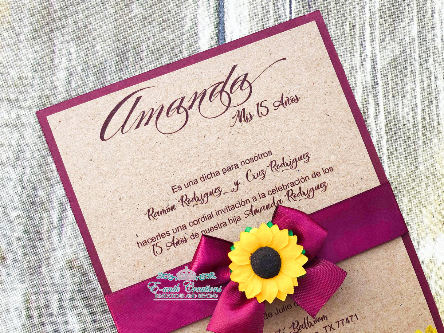 Western Burgundy Sunflower Quinceanera or Sweet 16 Invitations. 10pcs