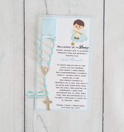 Favor de rosario de bautismo, favores de bautismo azul de niño, favor de tarjeta de oración de bautismo
