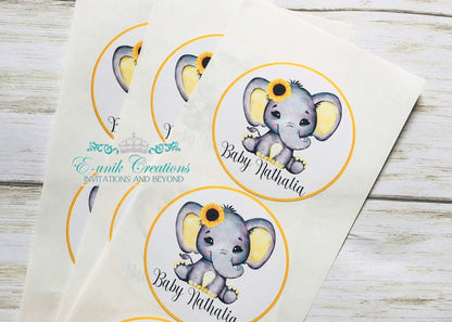 Sunflower Elephant, Baby Girl Elephant, Gray Elephant Label. SE2008