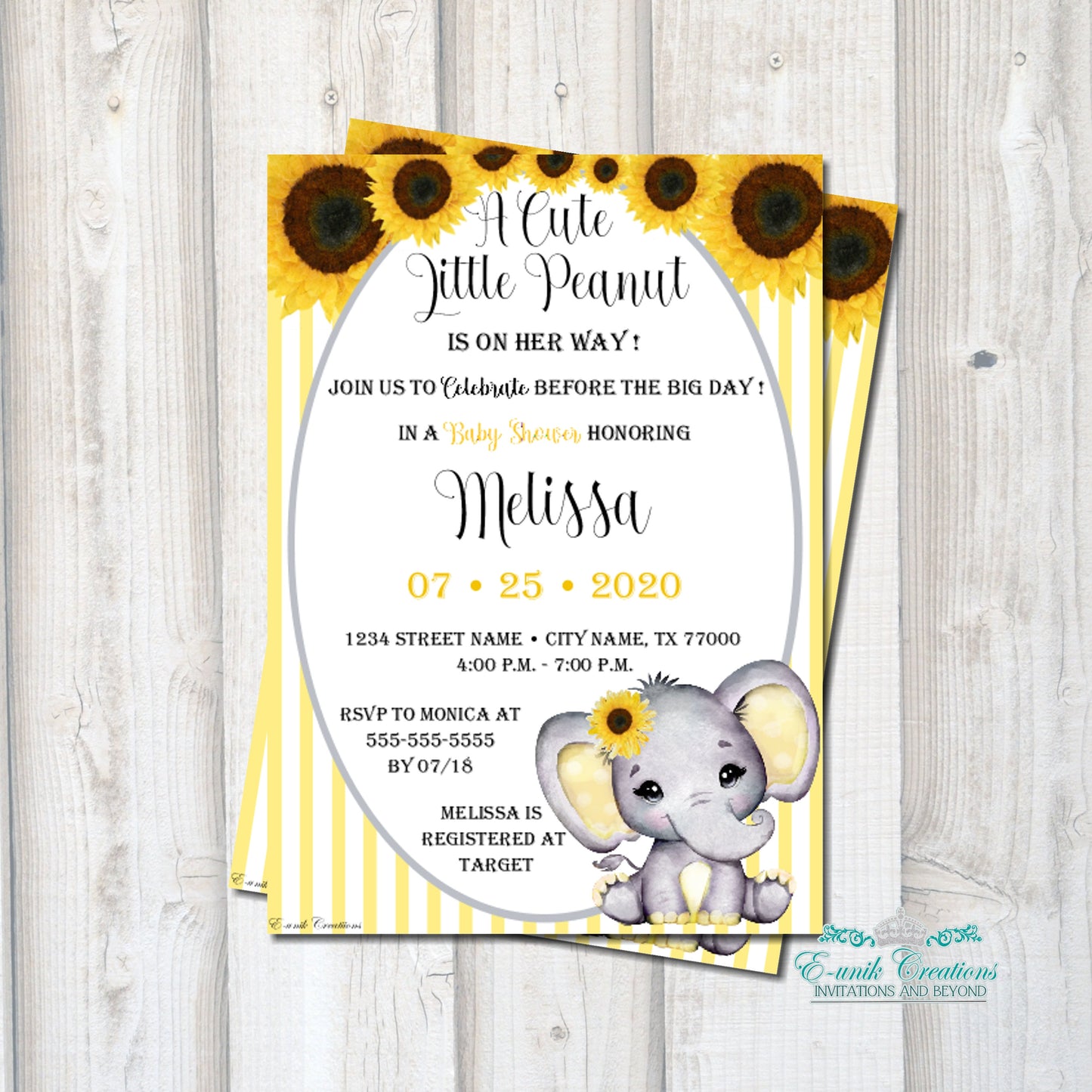 Sunflower Girl Elephant Printed Invitations