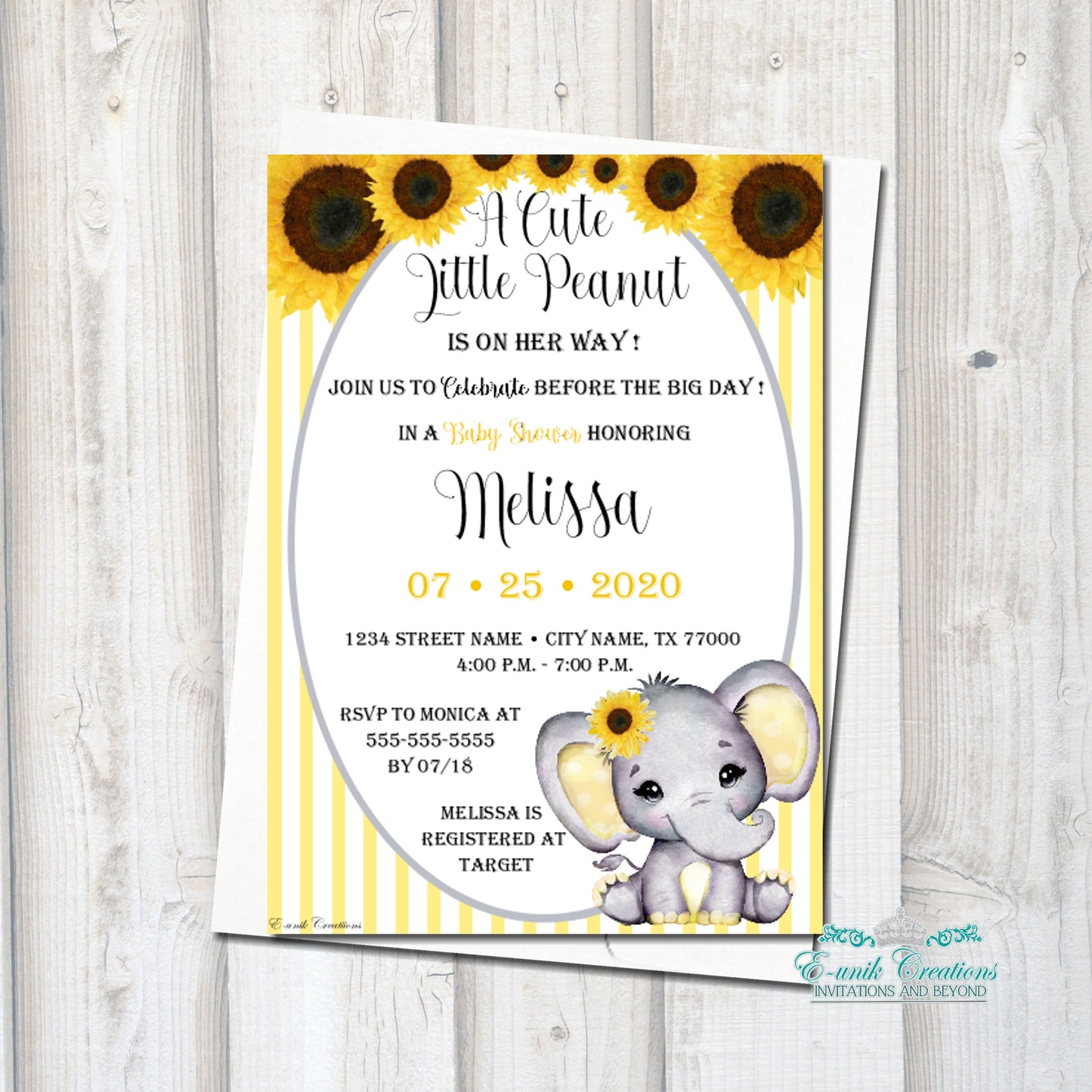 Sunflower Girl Elephant Printed Invitations