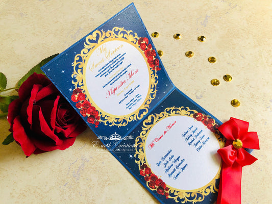 Royal Blue and Red, Beauty and The Beast Quinceanera or Sweet 16 Invitations. 10pcs