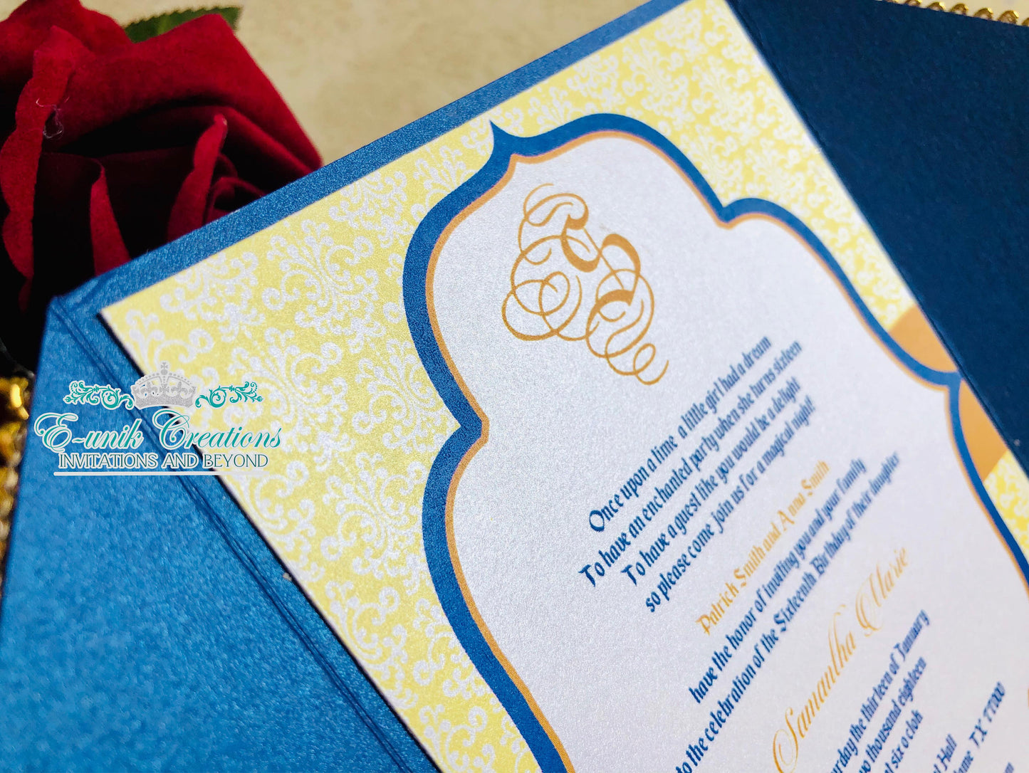 Royal Blue and Yellow Beauty and The Beast Inspired Quinceanera or Sweet 16 Invitation. 10pcs