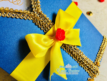 Royal Blue and Yellow Beauty and The Beast Inspired Quinceanera or Sweet 16 Invitation. 10pcs