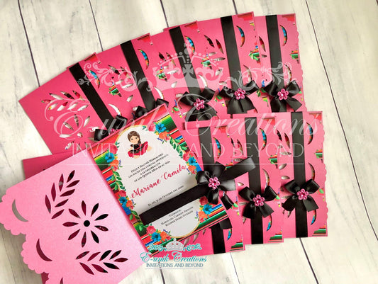Fuchsia and Mexican Floral Quinceanera or Sweet 16 Fiesta Invitations. 10pcs