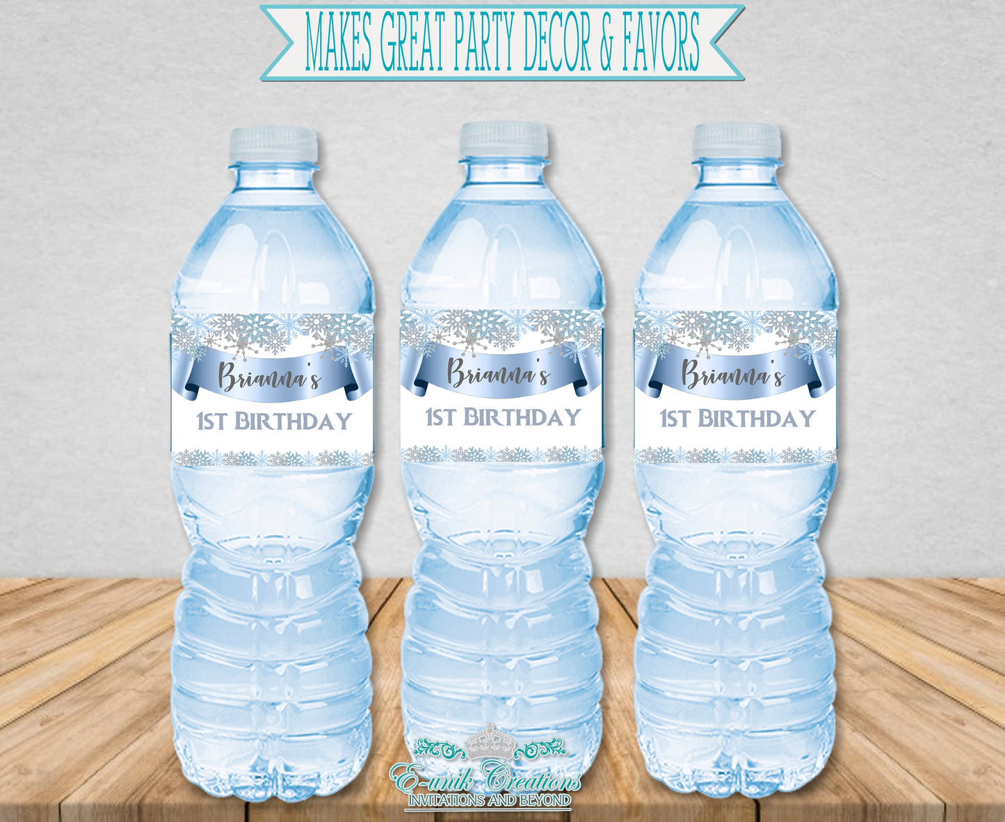 Etiquetas de copos de nieve, nieve derretida, etiquetas de agua personalizadas, envoltura de botellas de agua. F1120
