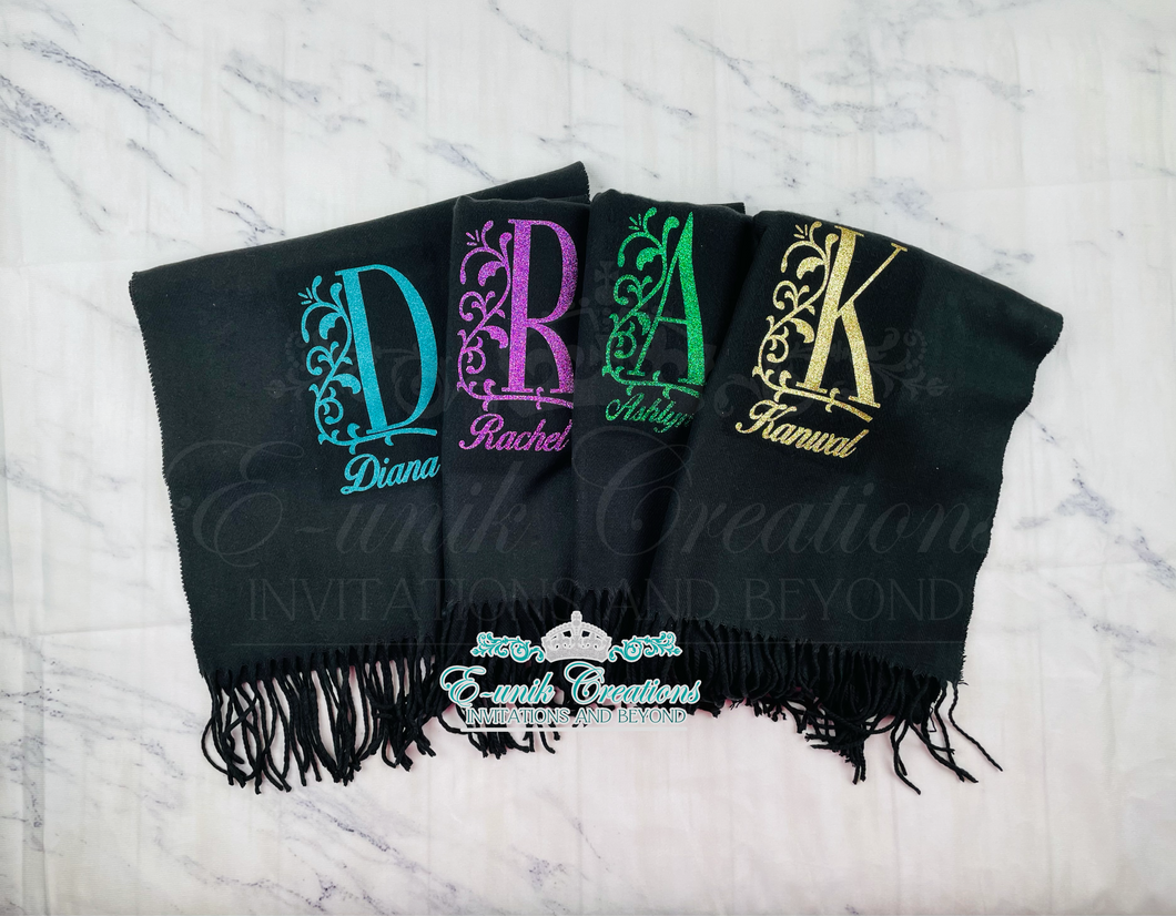 Black Fleece Scarf With Colored Initial/Name
