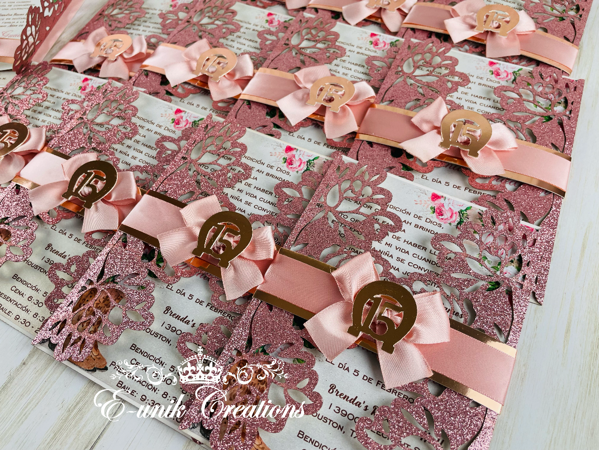 Western Blush Rose Gold Quinceanera or Sweet 16 Invitations. 10pcs