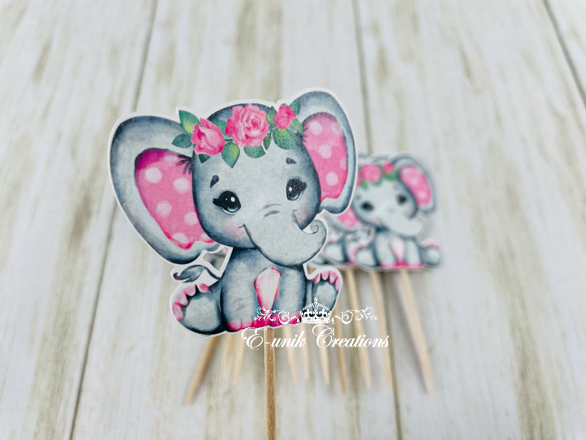 Pink Floral Elephant Cupcake Toppers