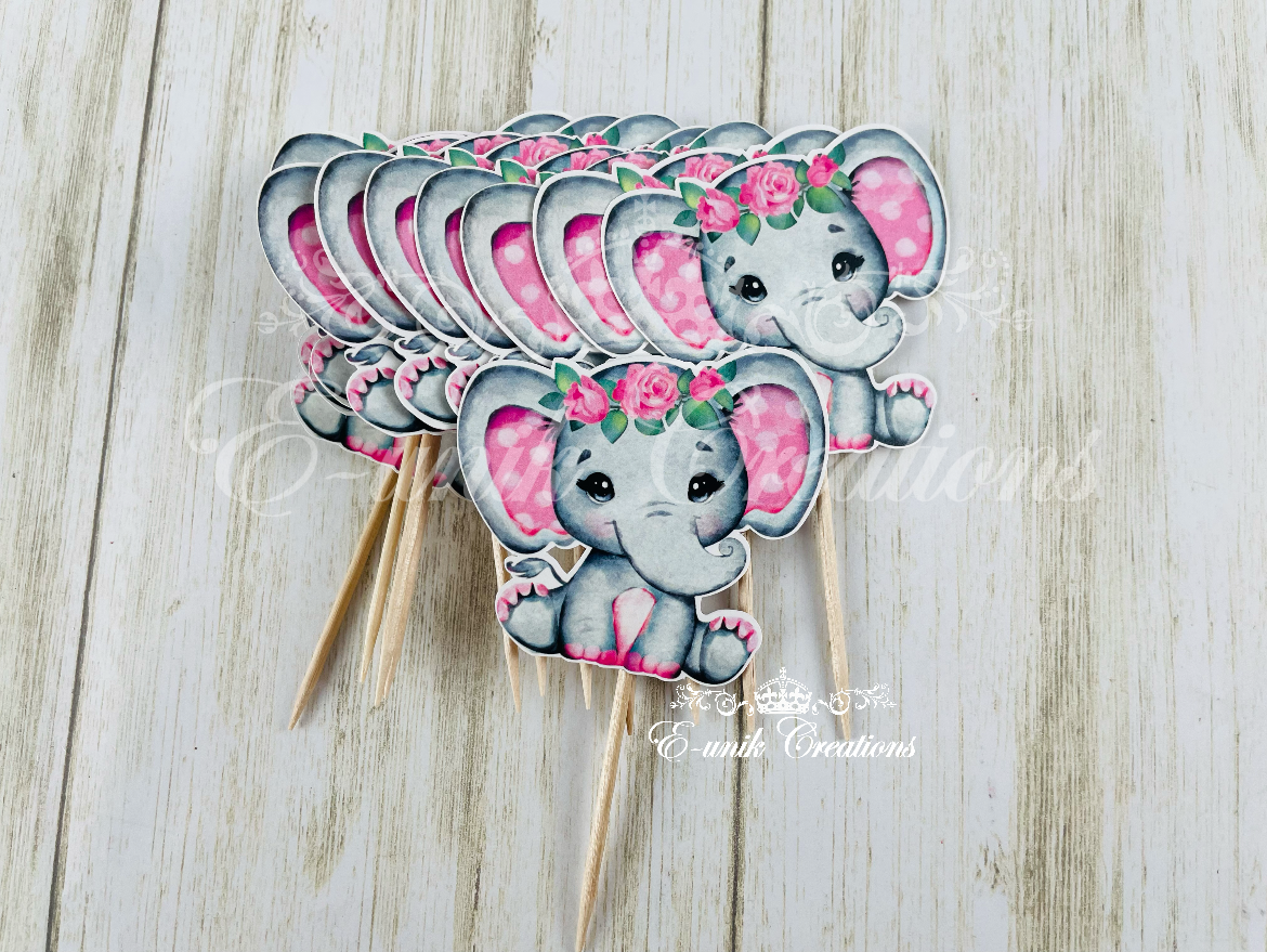 Pink Floral Elephant Cupcake Toppers
