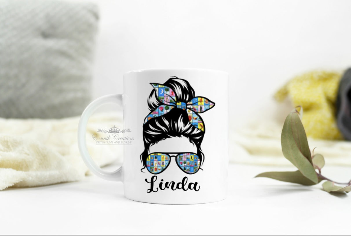 Personalized Messy Bun Mexican Loteria Mug