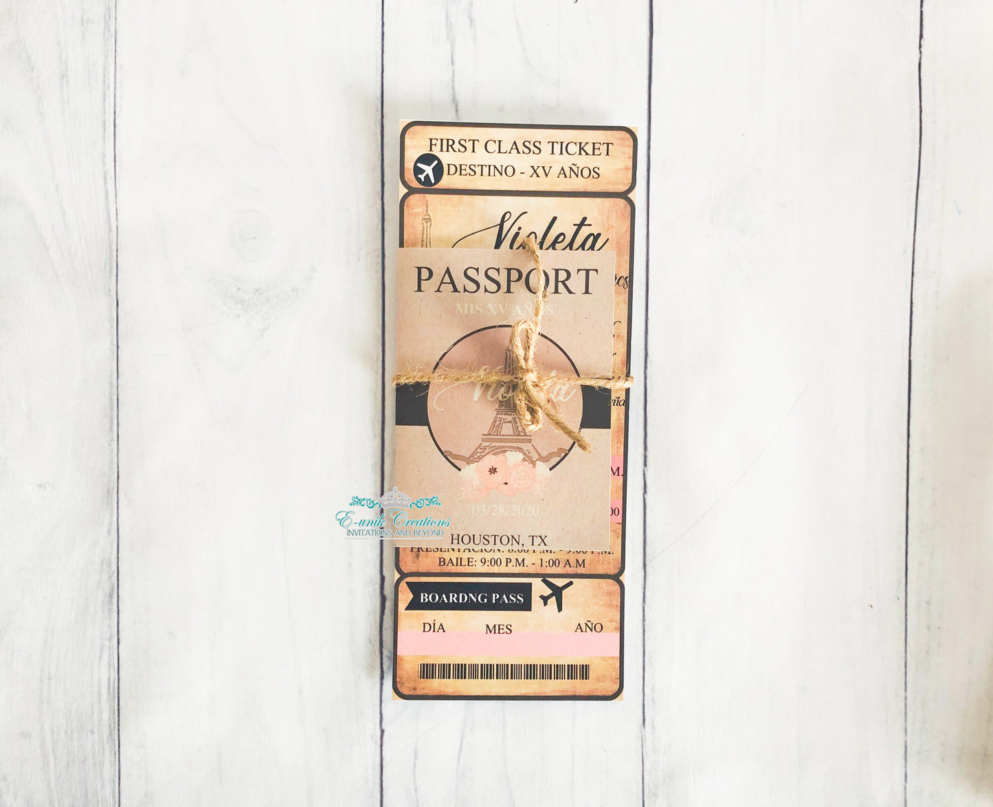 Paris Boarding Pass and Passport Quinceanera or Sweet 16 Invitations. 10pcs